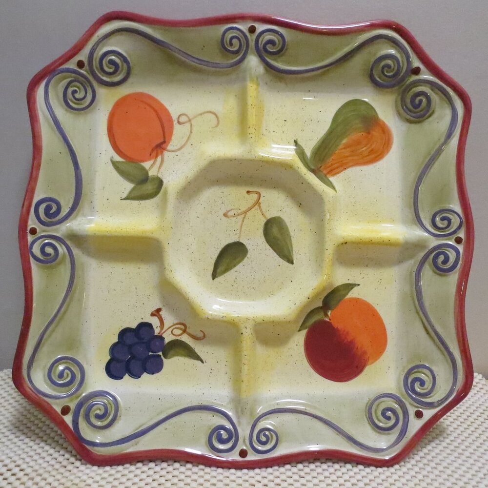 Large Snack Dip Platter Medici by Tabletops Unlimited 5 Sections 13.5" Handpaint